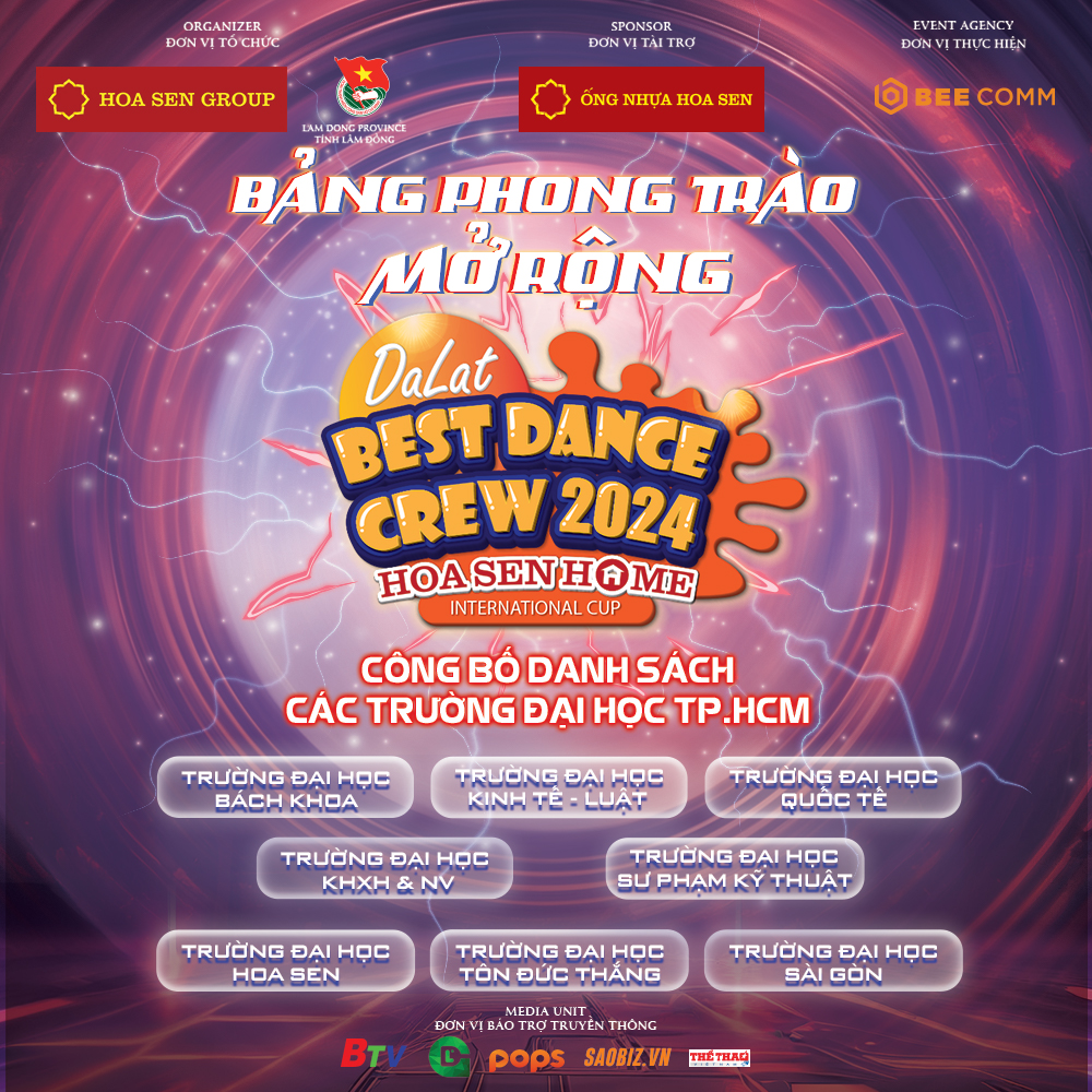 CÔNG BỐ DANH SÁCH CÁC TRƯỜNG ĐẠI HỌC TP.HCM TẠI BẢNG PHONG TRÀO MỞ RỘNG DALAT BEST DANCE CREW 2024 – HOA SEN HOME INTERNATIONAL CUP